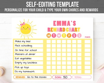 Editable Sunshine Reward Chart for Girls Printable Sunshine Chore Chart for Kids Chores Pink Sun Routine Chart Printable Template Corjl