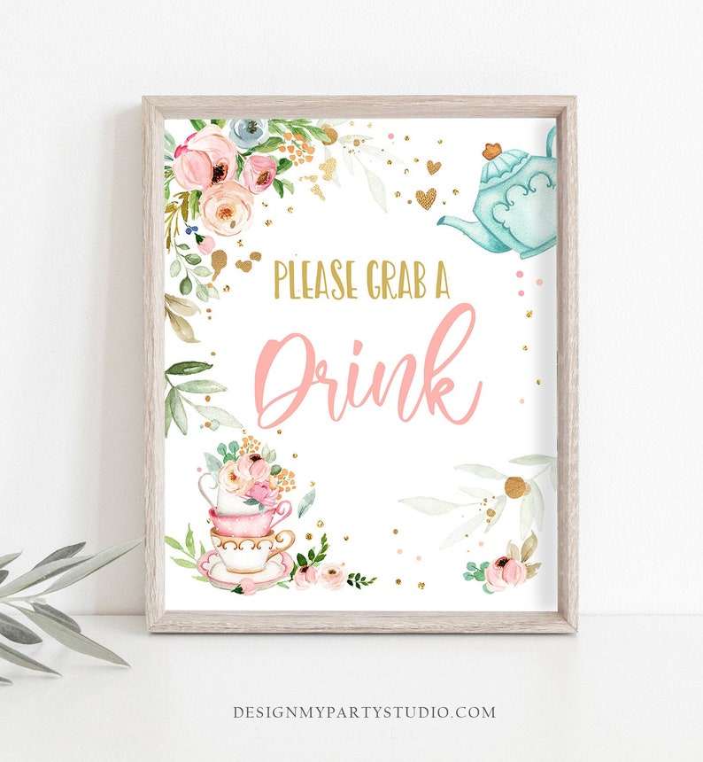 May include: A printable sign with a floral design and gold glitter. The sign says "Please grab a drink" in pink lettering. The sign is perfect for a tea party or bridal shower.