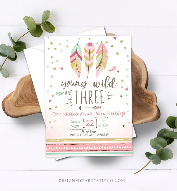 Editable Young Wild and Three Invitation Girl Pink and Gold 3rd Birthday Three Third Boho Download Printable Template Digital Corjl 0073 Il_570xn