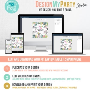 May include: A digital design template displayed on various devices, including a computer, tablet, and phone. The design features a "Thank You" card with a jungle theme, including zebras and floral elements. The text "DesignMyParty Studio" is at the top.