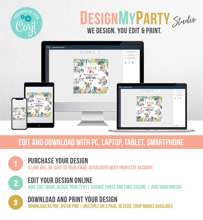 May include: A digital design template displayed on various devices, including a computer, tablet, and phone. The design features a "Thank You" card with a jungle theme, including zebras and floral elements. The text "DesignMyParty Studio" is at the top.