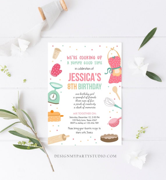 Editable Kids Kitchen Cooking Birthday Invitation Pink Girl Chef Baking ...