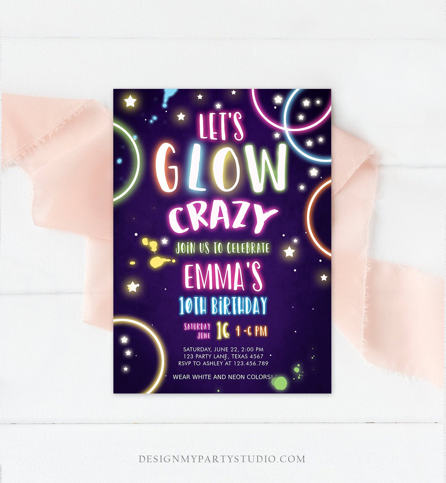 Editable Lets Glow Crazy Birthday Invitation Glow Party image