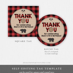 Editable Lumberjack Favor Tags Thank you Lumberjack Birthday Round tag Sticker Label Baby shower Woodland Bear template PRINTABLE Corjl 0026 image 3