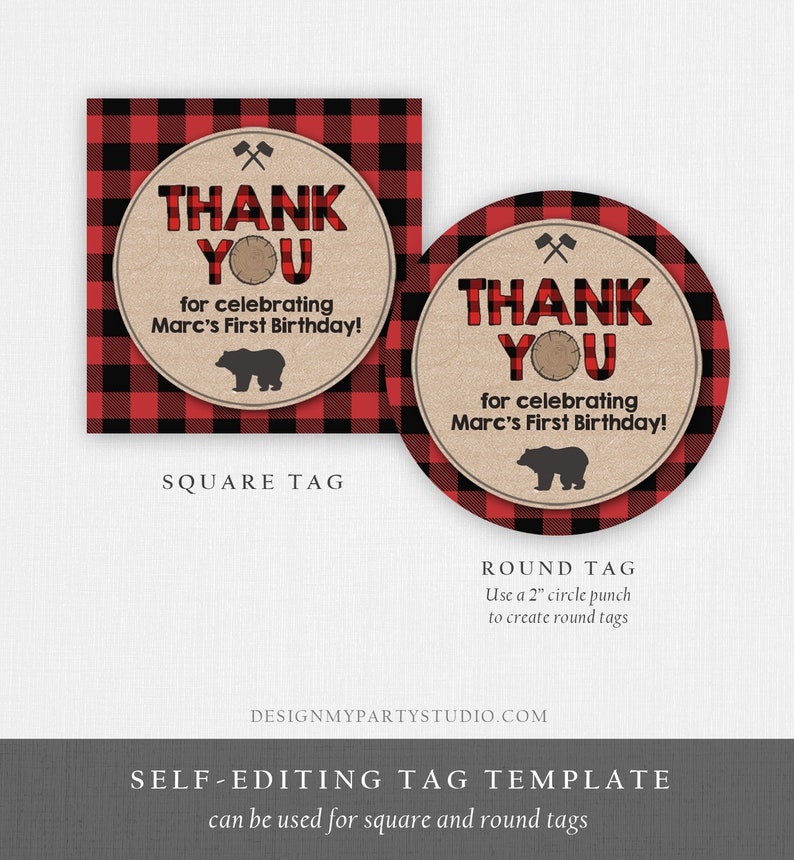 Editable Lumberjack Favor Tags Thank you Lumberjack Birthday Round tag Sticker Label Baby shower Woodland Bear template PRINTABLE Corjl 0026 image 3