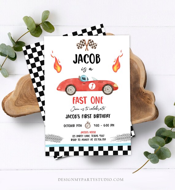 Editable Race Car 1st Birthday Invitation Fast One Invite First Birthday Racing Party Boy Digital Download Evite Template Printable 0424