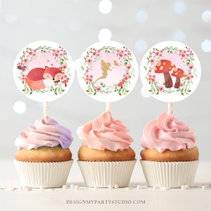 Woodland Fairy Cupcake Toppers Enchanted Forest Birthday Party Decorations Girl Pink Gold Stickers Tags download Digital PRINTABLE 0173 image 2