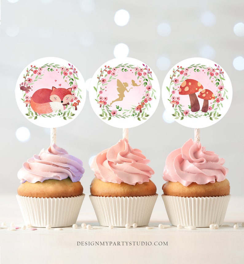 Woodland Fairy Cupcake Toppers Enchanted Forest Birthday Party Decorations Girl Pink Gold Stickers Tags download Digital PRINTABLE 0173 image 2
