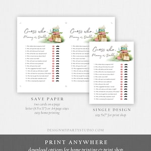 May include: Two printable game cards with a watercolor illustration of a stack of books and a cup of coffee. The cards are titled "Guess who, Mommy or Daddy?" and feature a list of 15 questions about pregnancy and parenting. The cards are designed for a baby shower game.