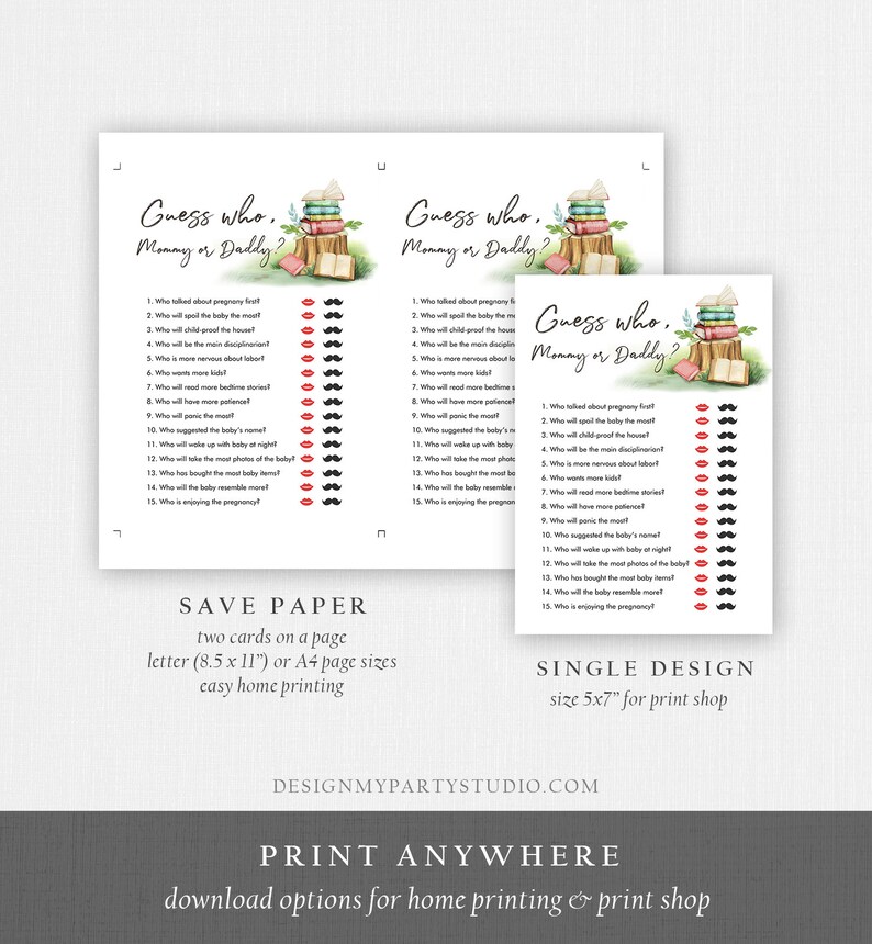 May include: Two printable game cards with a watercolor illustration of a stack of books and a cup of coffee. The cards are titled "Guess who, Mommy or Daddy?" and feature a list of 15 questions about pregnancy and parenting. The cards are designed for a baby shower game.