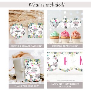 Op de afbeelding: Een set met printbare feestversiering met een jungledieren thema. De set bevat ronde en vierkante labels, cupcake toppers, een bedankkaart en een banner met de tekst "Happy Birthday".