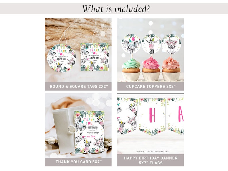 Op de afbeelding: Een set met printbare feestversiering met een jungledieren thema. De set bevat ronde en vierkante labels, cupcake toppers, een bedankkaart en een banner met de tekst "Happy Birthday".