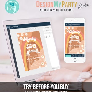 May include: A laptop and smartphone display a party invitation design with the text "Marley is Two Groovy." The invitation features a retro rainbow and daisy design. The laptop screen shows the design in an editing interface. The image also includes the text "DesignMyParty Studio."