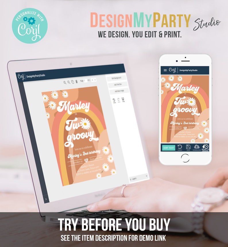 May include: A laptop and smartphone display a party invitation design with the text "Marley is Two Groovy." The invitation features a retro rainbow and daisy design. The laptop screen shows the design in an editing interface. The image also includes the text "DesignMyParty Studio."
