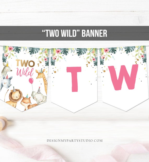 Two Wild Birthday Banner Pink Gold Safari Animals 2nd Birthday Banner Safari Decorations Jungle Zoo Instant download PRINTABLE DIGITAL 0163 Il_570xn