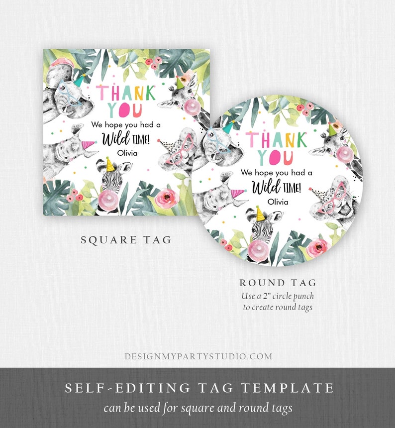 May include: Watercolor thank you tags with a jungle animal theme. The tags feature a square and round design with the text "THANK YOU" and "We hope you had a Wild Time!" The tags include illustrations of zebras, giraffes, and rhinos.