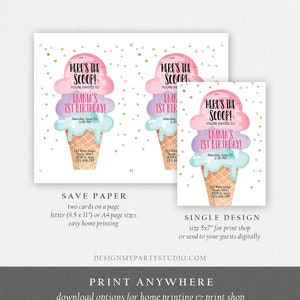 Editable Ice Cream Birthday Invitation First Birthday Party Here's the Scoop Cone Pink Mint Gold Purple Printable Template Corjl 0243 image 4