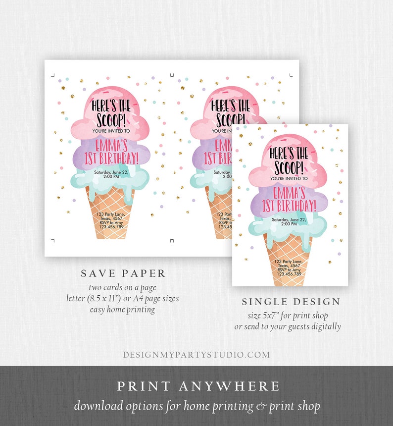 Editable Ice Cream Birthday Invitation First Birthday Party Here's the Scoop Cone Pink Mint Gold Purple Printable Template Corjl 0243 image 4
