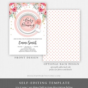 Editable a Baby is Brewing Invitation Girl Baby Shower Invite Pink and Gold Floral Tea Cup Flowers Instant Download Printable Template Corjl image 5