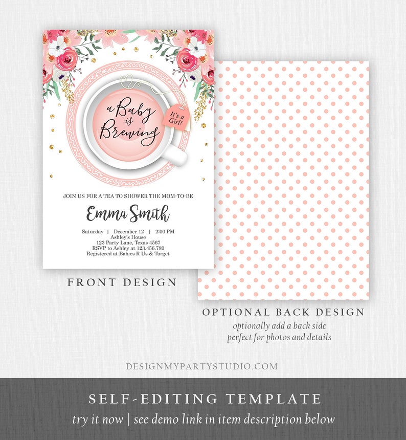 Editable a Baby is Brewing Invitation Girl Baby Shower Invite Pink and Gold Floral Tea Cup Flowers Instant Download Printable Template Corjl image 5