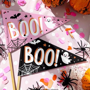 May include: Two Halloween pennant flags, one pink and one black, with the word "BOO!" in large white letters. The pink flag has a spider web, bat, spider, ghost, and stars. The black flag has a spider web, bat, spider, ghost, and stars.