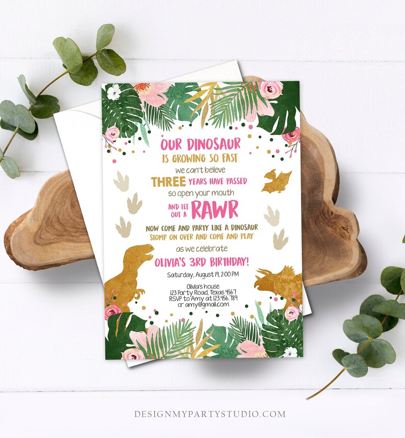 Editable Gold Dinosaur Birthday Invitation ANY AGE Dino Party T-Rex Prehistoric Rawr Girl Pink Gold Download Printable Corjl Template 0146