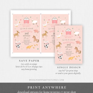 May include: Pink printable invitation with a farm animal theme. The invitation says "Oink, Cluck, BAA, Moo... We like to celebrate Madeline's 3rd Birthday with you!"  The invitation includes a red barn, a cow, a pig, a horse, a sheep, a chicken, a duck, and a deer.