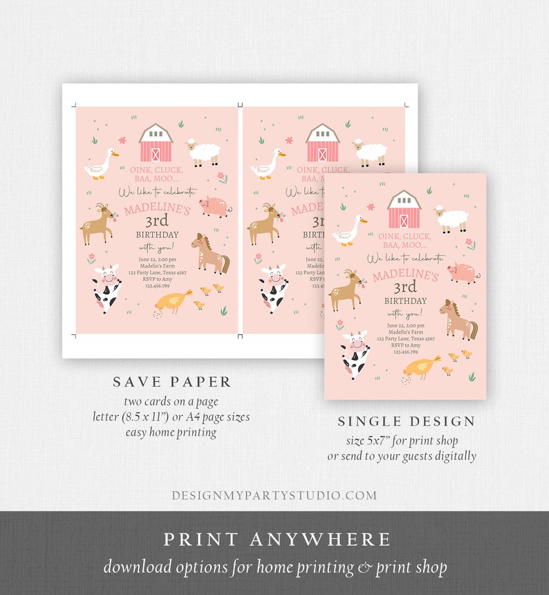 May include: Pink printable invitation with a farm animal theme. The invitation says "Oink, Cluck, BAA, Moo... We like to celebrate Madeline's 3rd Birthday with you!"  The invitation includes a red barn, a cow, a pig, a horse, a sheep, a chicken, a duck, and a deer.