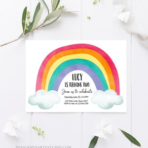 Editable Rainbow Birthday Invitation Kids Girl Boy Neutral Party Clouds Colorful Rainbow Colors Printable Corjl Template Digital 0272 image 2