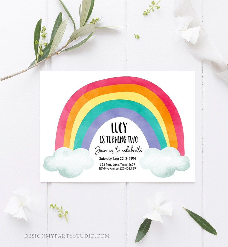 Editable Rainbow Birthday Invitation Kids Girl Boy Neutral Party Clouds Colorful Rainbow Colors Printable Corjl Template Digital 0272 image 2