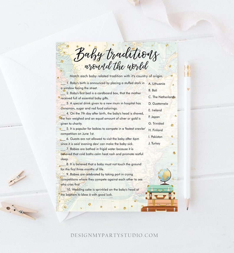 Editable Baby Traditions Around the World Baby Shower Game Card Travel Adventure Journey Activity Printable Download Template Corjl 0263 image 1