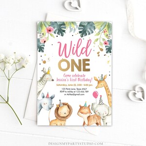 May include: A pink and gold "Wild One" first birthday party invitation with a jungle animal theme. The invitation features a zebra, giraffe, rhino, lion, and tiger. The text on the invitation reads "Come celebrate Jessica's First Birthday! Saturday, June 22, 2:00-4:00 pm 123 Party Lane, Texas 4567 RSVP to Ashley at 123.456.789 or Ashley@gmail.com"