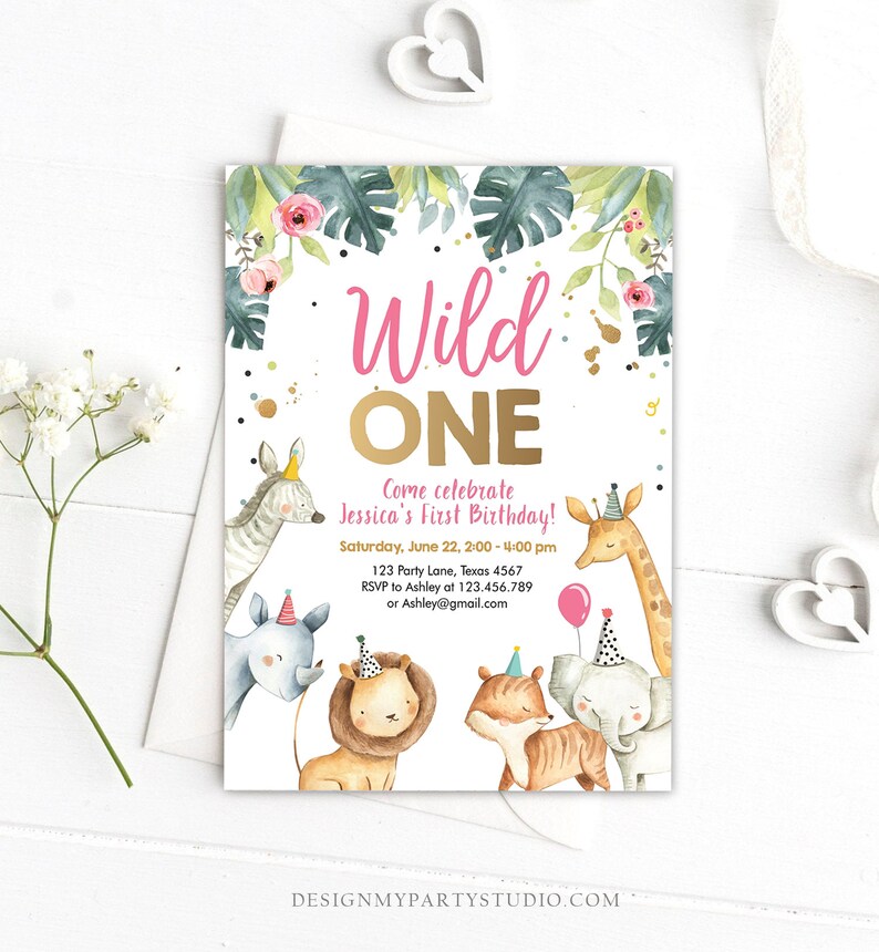 May include: A pink and gold "Wild One" first birthday party invitation with a jungle animal theme. The invitation features a zebra, giraffe, rhino, lion, and tiger. The text on the invitation reads "Come celebrate Jessica's First Birthday! Saturday, June 22, 2:00-4:00 pm 123 Party Lane, Texas 4567 RSVP to Ashley at 123.456.789 or Ashley@gmail.com"