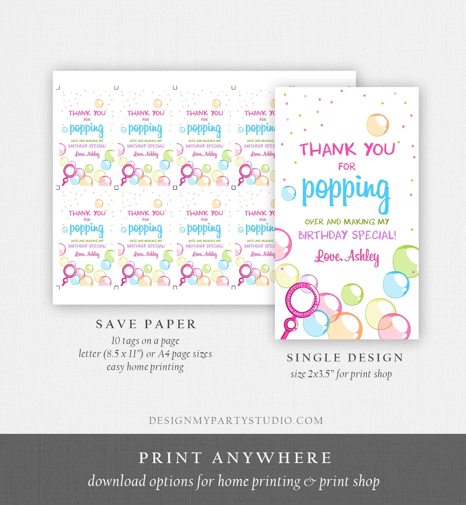 Editable Bubble Favor Tags Pink Bubble Birthday Thank You Tags Etsy