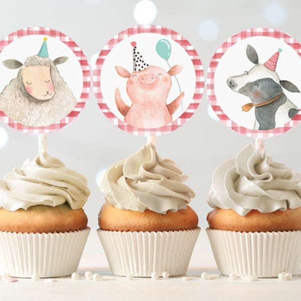 Barnyard Birthday Cupcake Toppers Favor Tags Farm Birthday Party Decoration Red Farm Animals Stickers download Digital PRINTABLE 0155