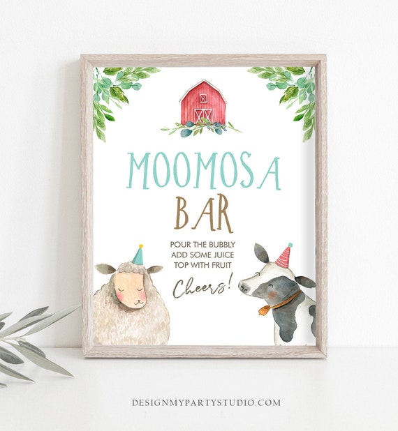 Moomosa Bar Farm Birthday Party Sign Mimosa Bar Sign Table Decor Barnyard Party Farm Animals Boy Blue Baby Shower Cow Sheep PRINTABLE 0155 Il_570xn
