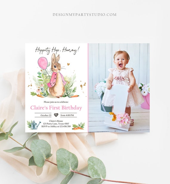 Editable Flopsy Bunny Birthday Invitation Gril Pink Rustic Peter Rabbit ...