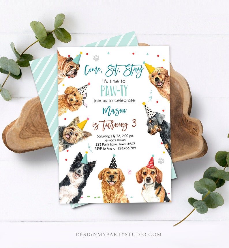 Editable Dog Birthday Party Invitation Puppy Birthday Invite Boys Blue ...
