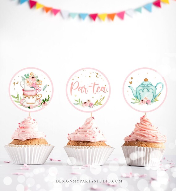 Tea Party Cupcake Toppers Tea Birthday Cupcake Toppers Favor Tag Girl