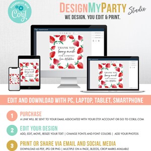 May include: A digital design template for a thank you card with a watercolor illustration of strawberries and the text "Thank you berry much for coming! Love, Madeline". The template can be edited and downloaded with a computer, laptop, tablet, or smartphone.