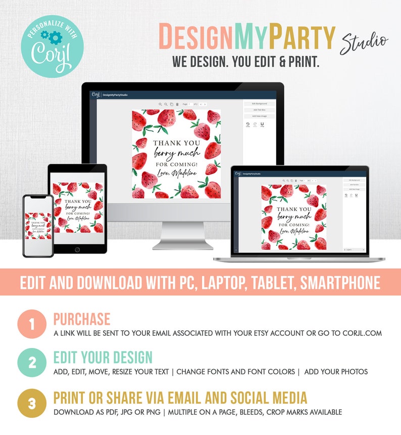 May include: A digital design template for a thank you card with a watercolor illustration of strawberries and the text "Thank you berry much for coming! Love, Madeline". The template can be edited and downloaded with a computer, laptop, tablet, or smartphone.
