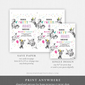 May include: A printable party invitation with a colorful confetti background and a cartoon illustration of a giraffe, zebra, lion, and elephant. The text reads "Calling all Party Animals Swing on Over! Olivia is turning 3".