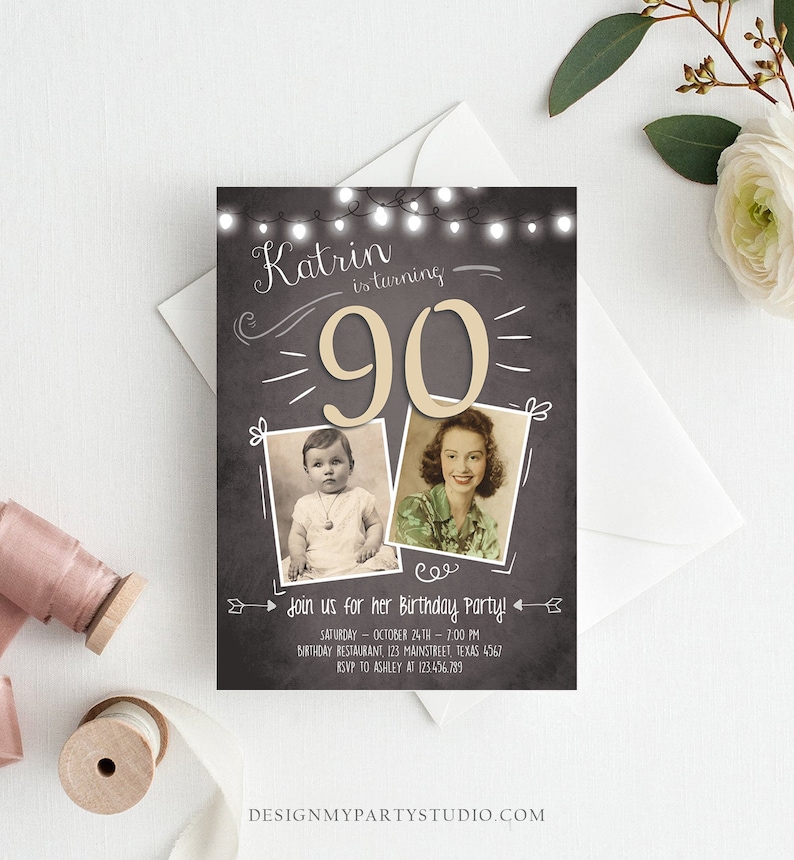 Editable ANY AGE 90th Birthday Invitation Chalkboard Rustic Adult Birthday Ninety Photo Vintage Printable Invitation Corjl Template 0230 image 3