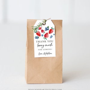 May include: White thank you tag with a watercolor illustration of strawberries and blueberries. The tag says "Thank you berry much for coming! Love, Madeline".