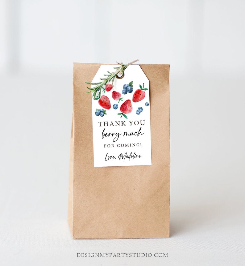 May include: White thank you tag with a watercolor illustration of strawberries and blueberries. The tag says "Thank you berry much for coming! Love, Madeline".