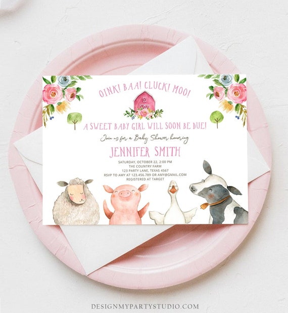 Editable Farm Baby Shower Invitation Girl Farm Animals Pink Barnyard ...