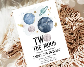 Editable Two the Moon 2nd Second Birthday Invitation Space Planets Rocket Astronaut Galaxy Digital Download Corjl Template Printable 0357