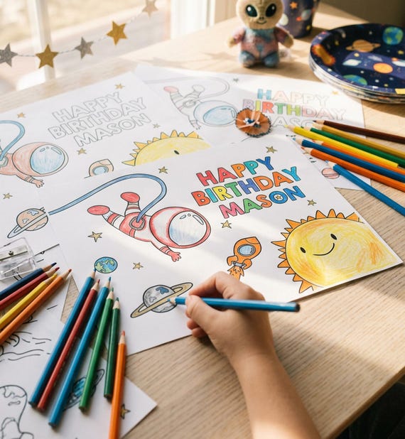 Editable Outer Space Coloring Page  Birthday Party Activity Game Astronaut Birthday Space Rocket Party Digital Template Printable 0046