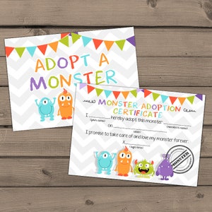 Adopt a Monster Urkunde und Zeichen Monster Geburtstag Monster Adoptionsurkunde Monster Sofort-download PRINTABLE Digitale PDF DIY-0058