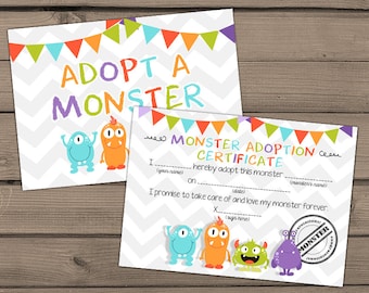 Adopt a Monster certificate and sign Monster Birthday Monster adoption certificate Monster Instant download PRINTABLE Digital PDF DIY 0058